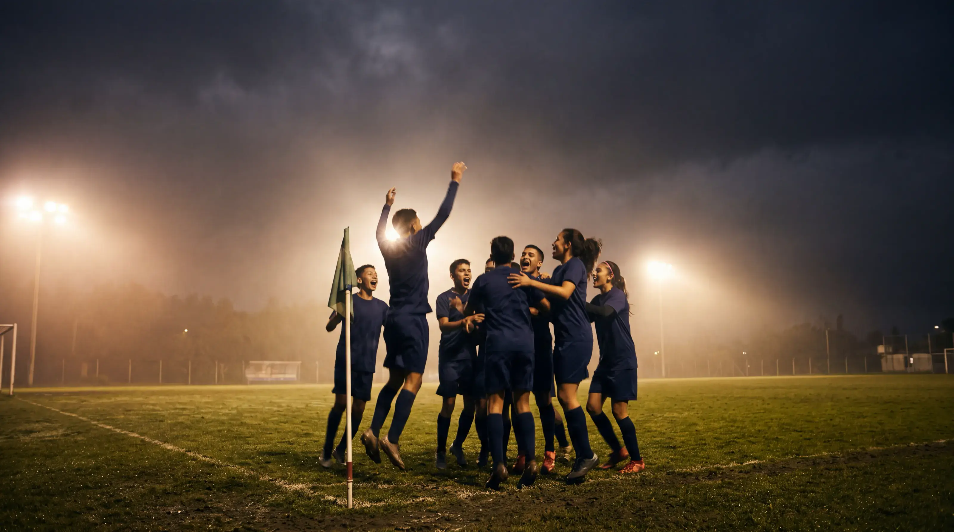 Un equipo juvenil celebrando un gol bajo los reflectores