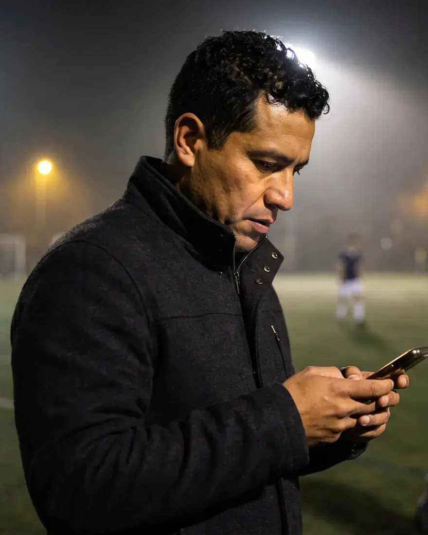 Un entrenador en la banda, de noche, revisando su celular