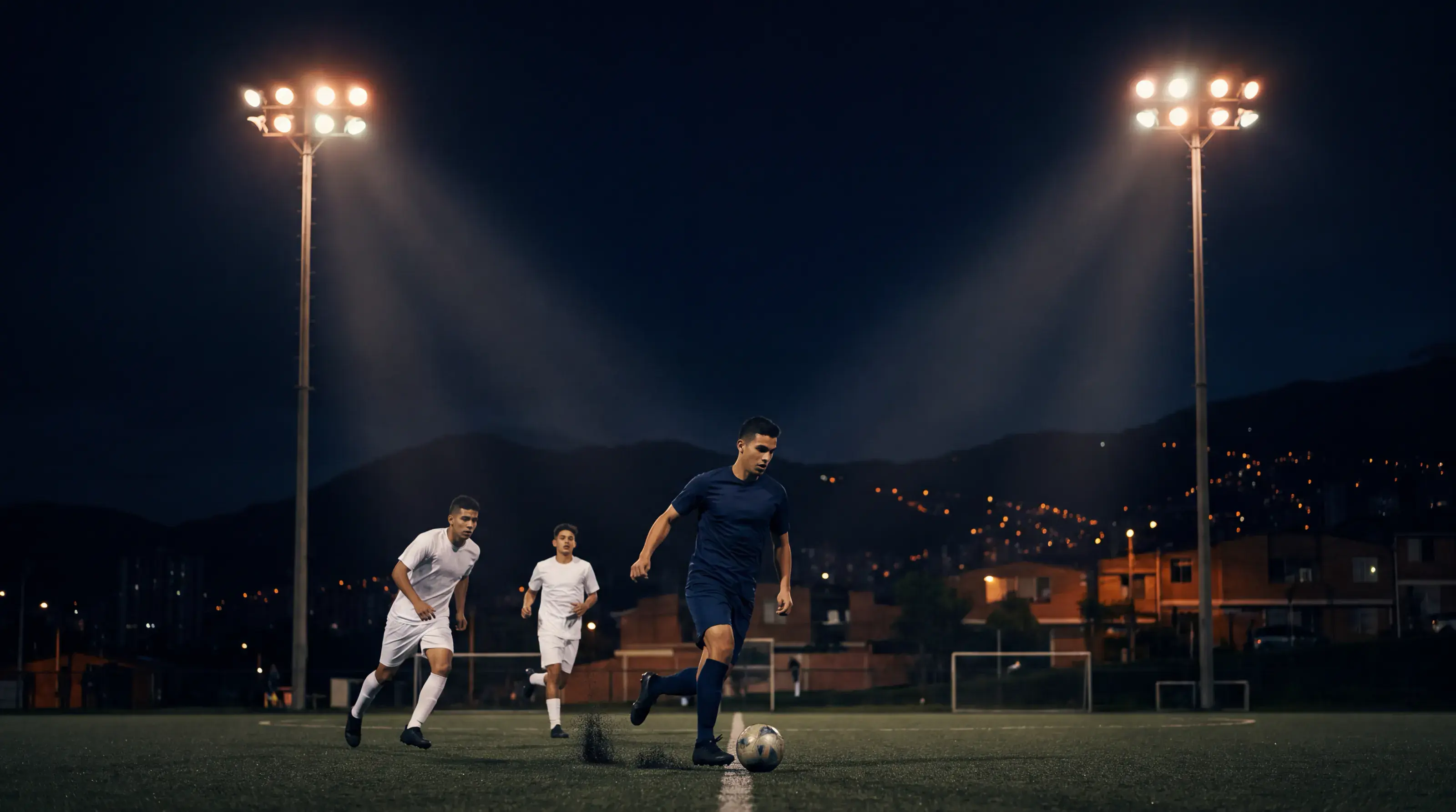 Un partido de fútbol juvenil de noche bajo los reflectores, con las luces de la ciudad en las montañas
