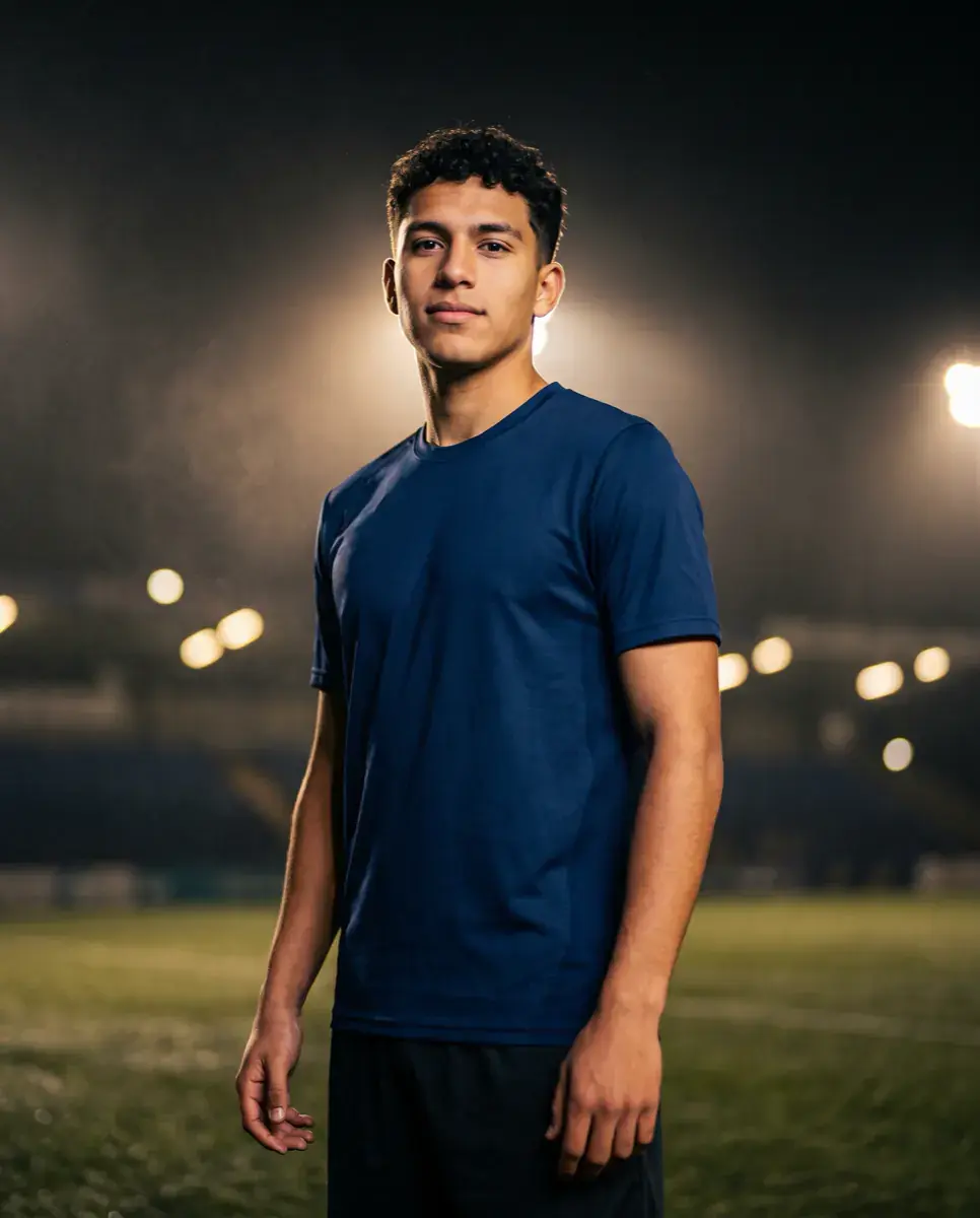 Retrato de un joven futbolista bajo los reflectores